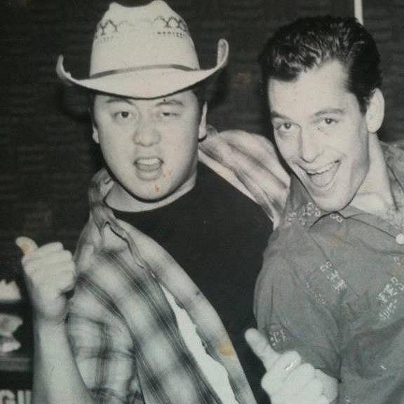 John Lee of aMiniature clownin' with Dave Jass from Uncle Joe's Big 'Ol Driver. Looks to be 1993-95.